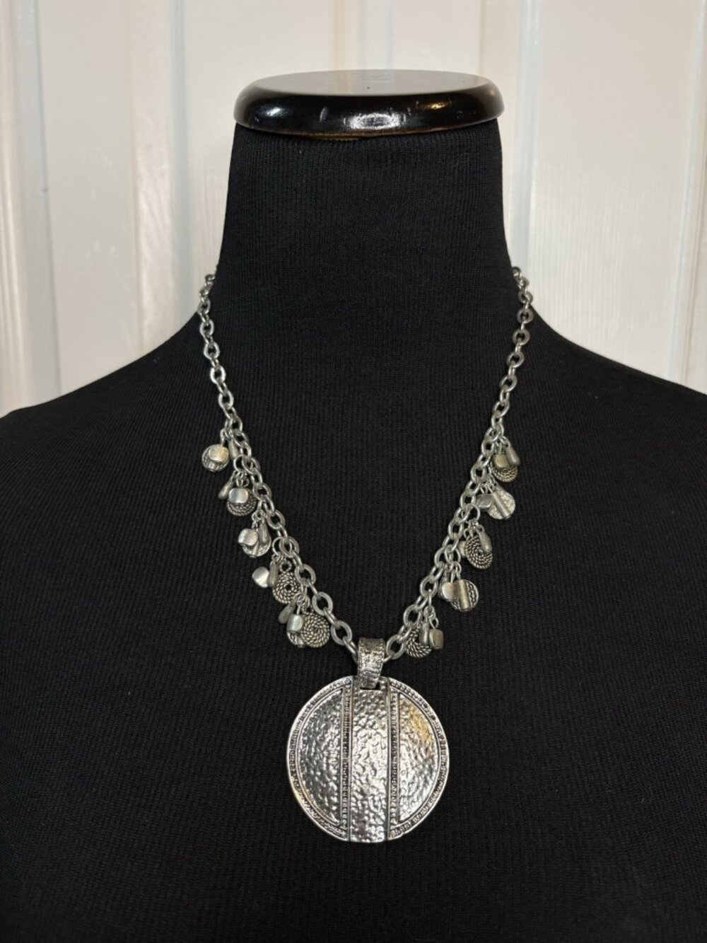 Chicos Silver Tone Chain Charm Dangle Round Circle Pendant Necklace Boho